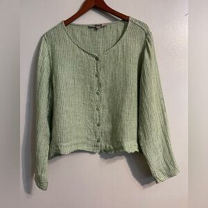 FLAX Womens Green Textured 100% Linen Button Up Cardigan Boxy Green Size M